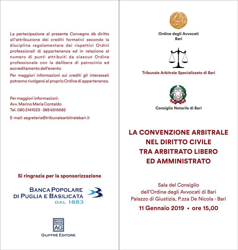 Convegno - La Convenzione arbitrale nel diritto civile tra arbitrato libero ed amministrato